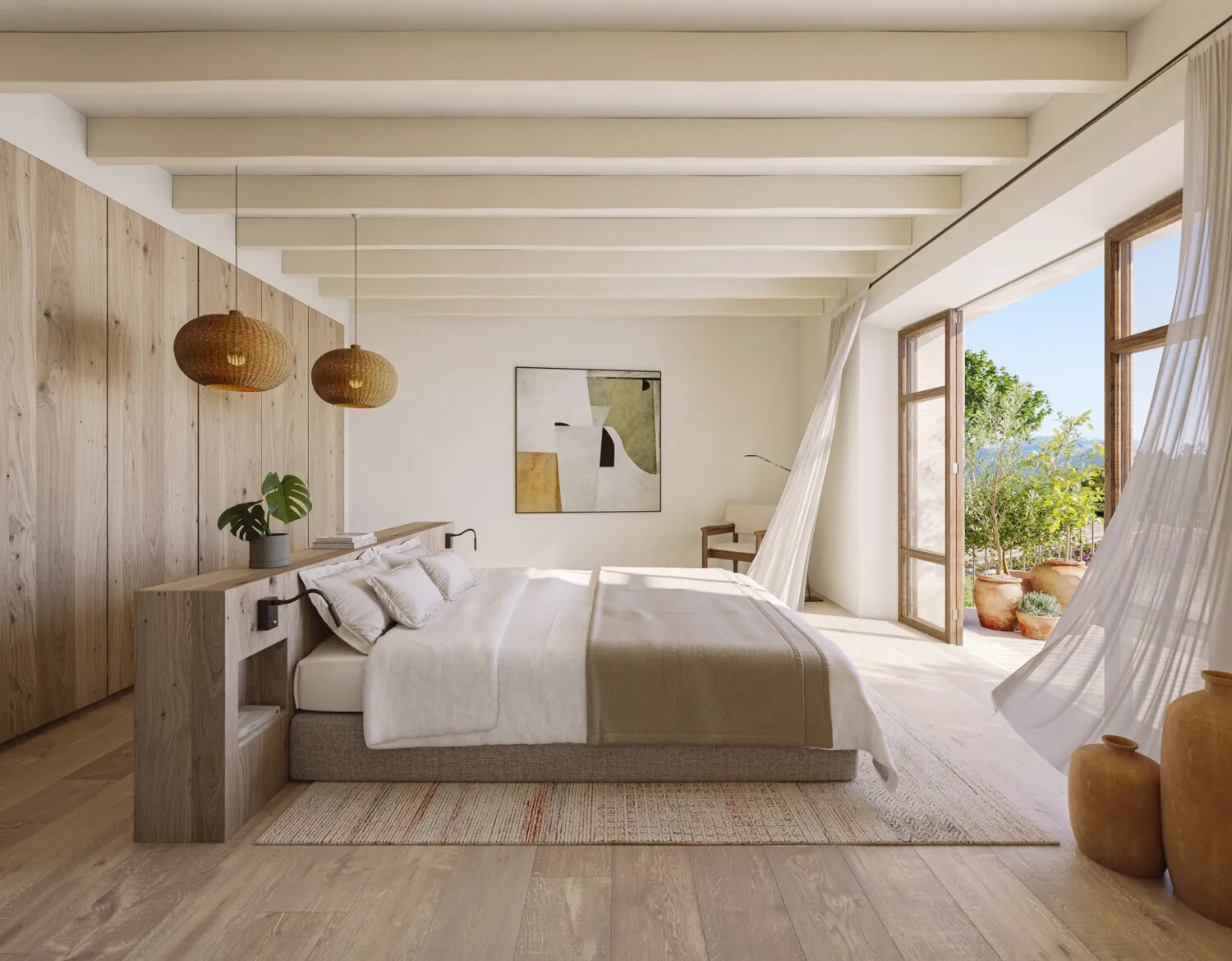 Bedroom with open windows overlooking the terrace