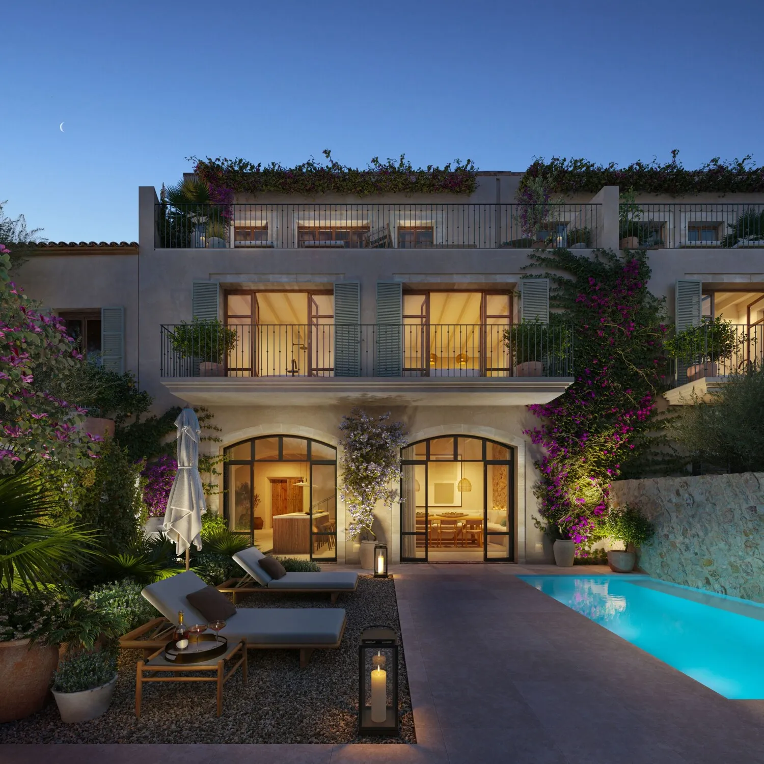 Charming atmosphere at night with swimming pool