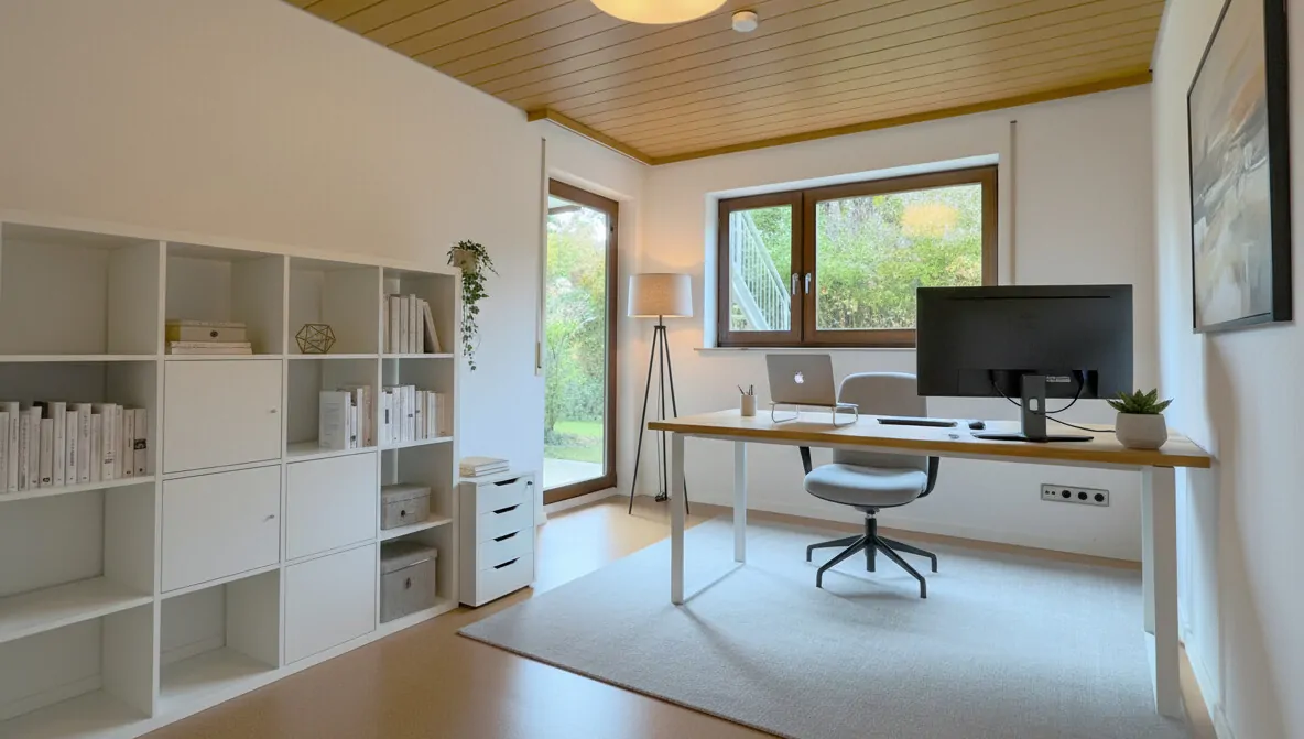 Homeoffice oder Kinderzimmer mit Zugang zur Terrasse mit virtueller Einrichtung