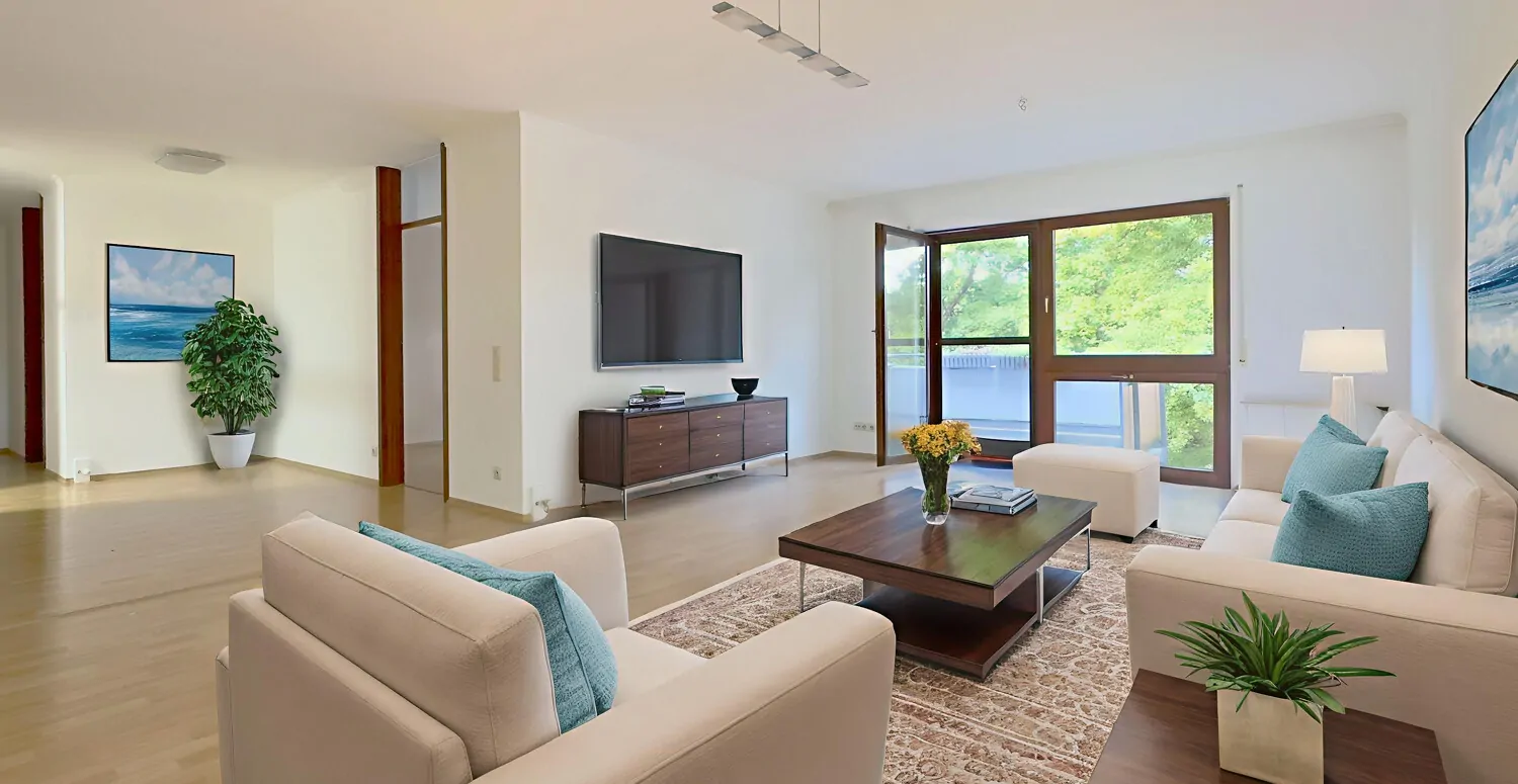 Großzügiges Wohn- und Esszimmer mit virtueller Einrichtung