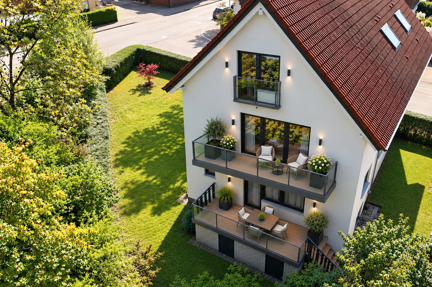 Rückansicht Wohnhaus mit Balkon Konzept - KI-generiert