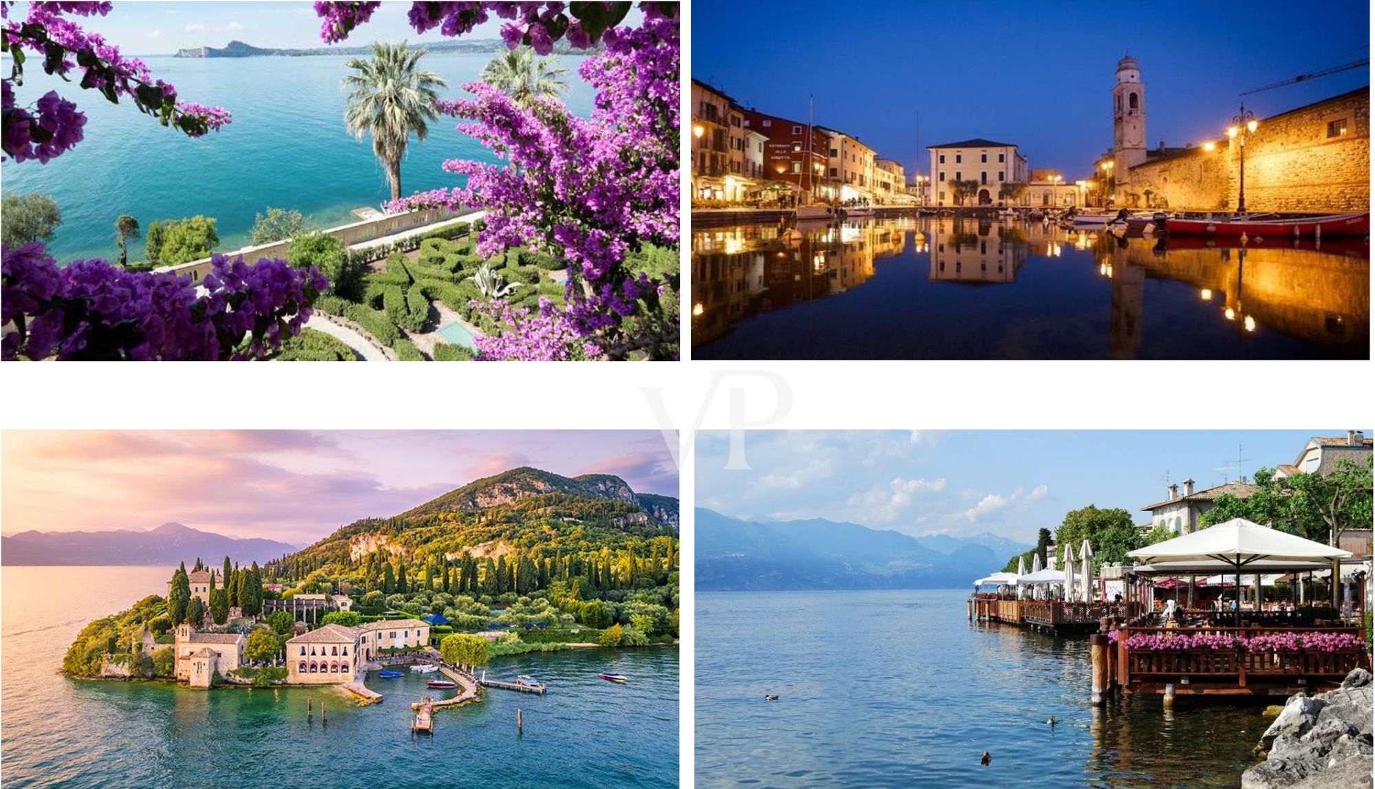 Fantástica vista de la bahía de Garda - hermosa urbanización circundante en la naturaleza mediterránea y aceite de oliva propio