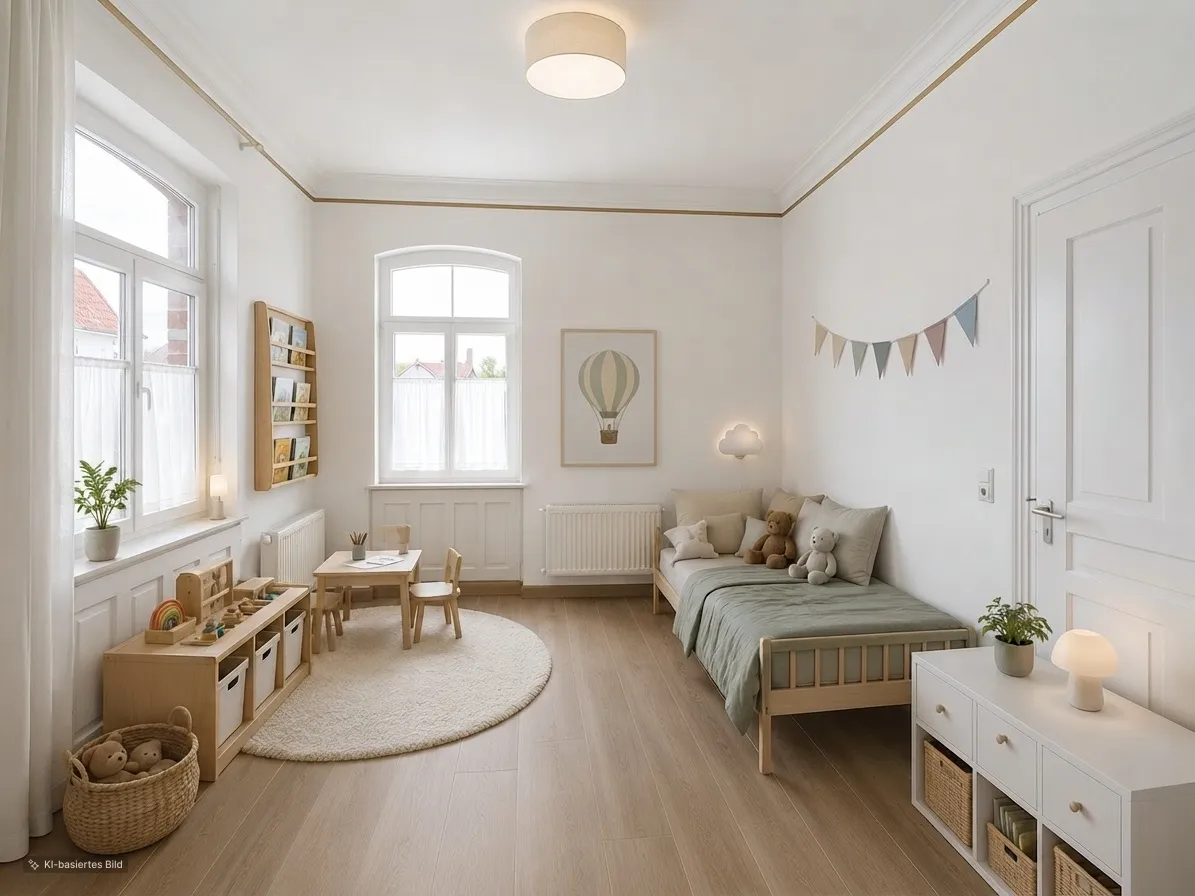 Kinderzimmer KI möbiliert