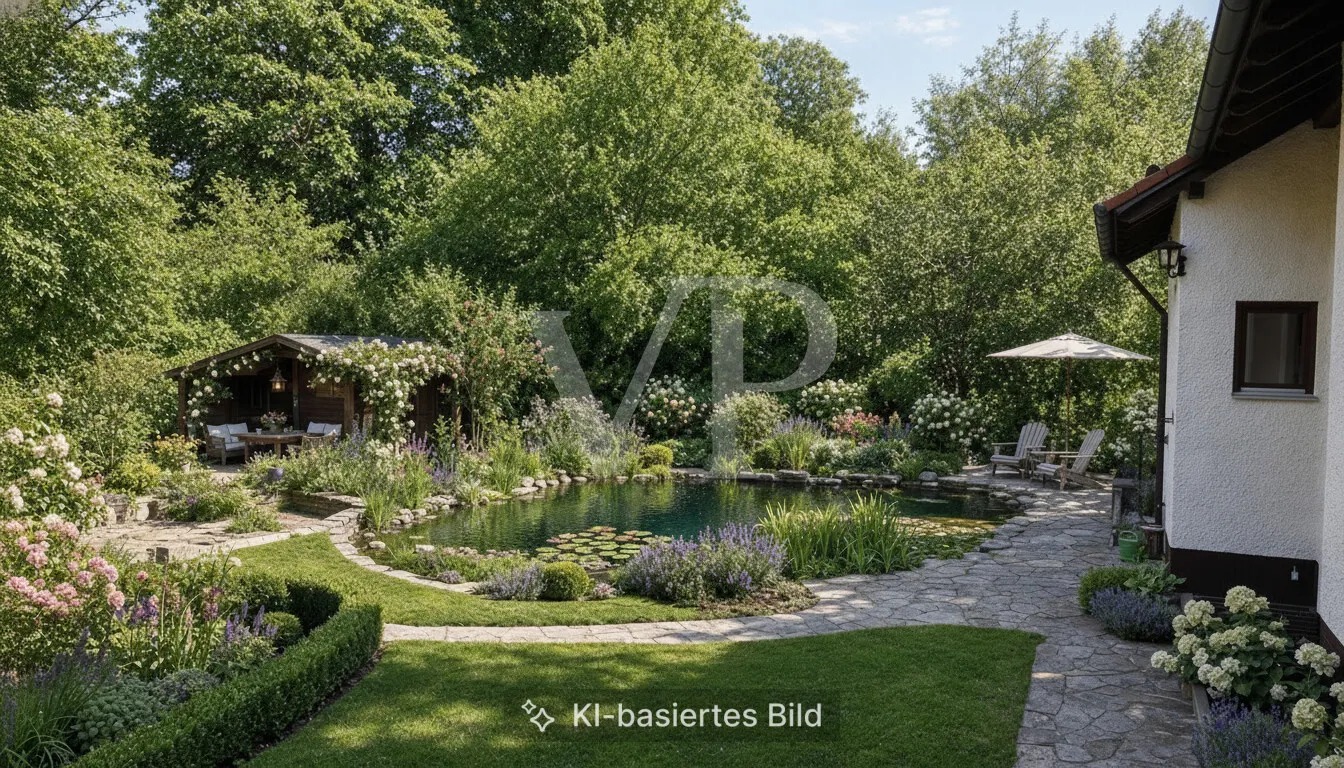KI Beispiel Garten mit Teich
