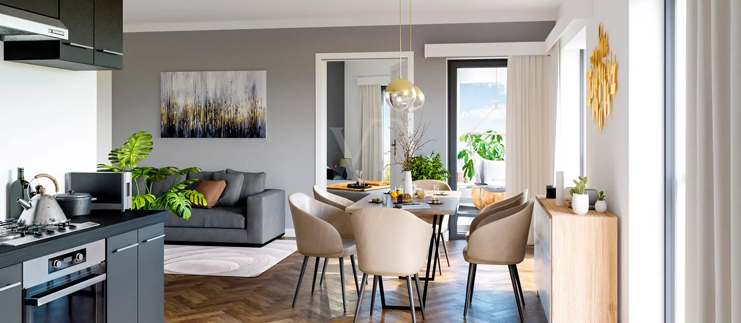 Wohnzimmer mit offener Küche