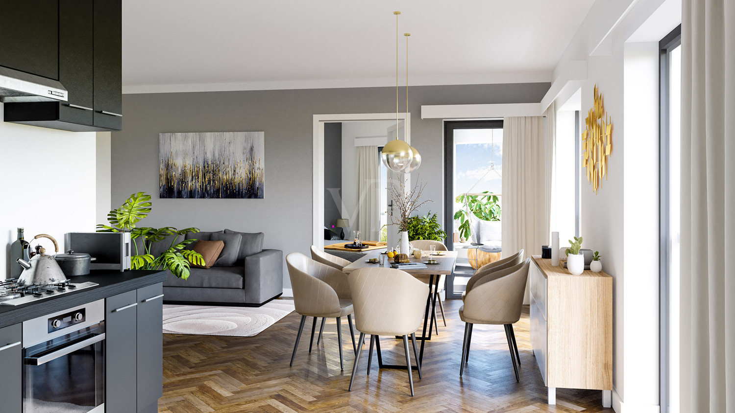 Wohnzimmer mit offener Küche