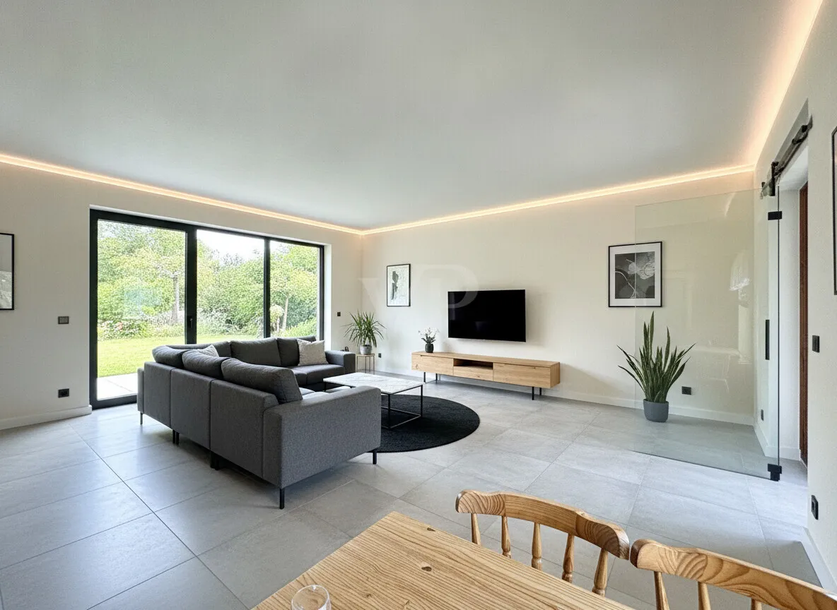 Einrichtungsvorschlag als großzügiges Wohnzimmer (KI-generiert)