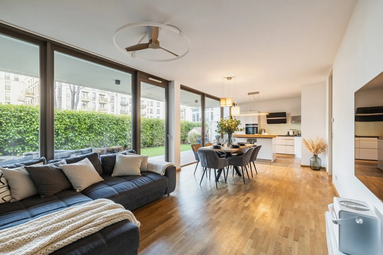 Blick durch das helle Wohnzimmer
