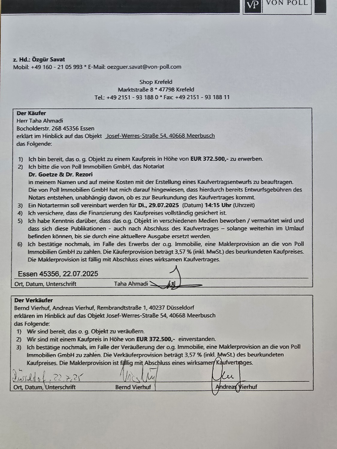 Kaufpreisvereinbarung beidseitig unterschrieben