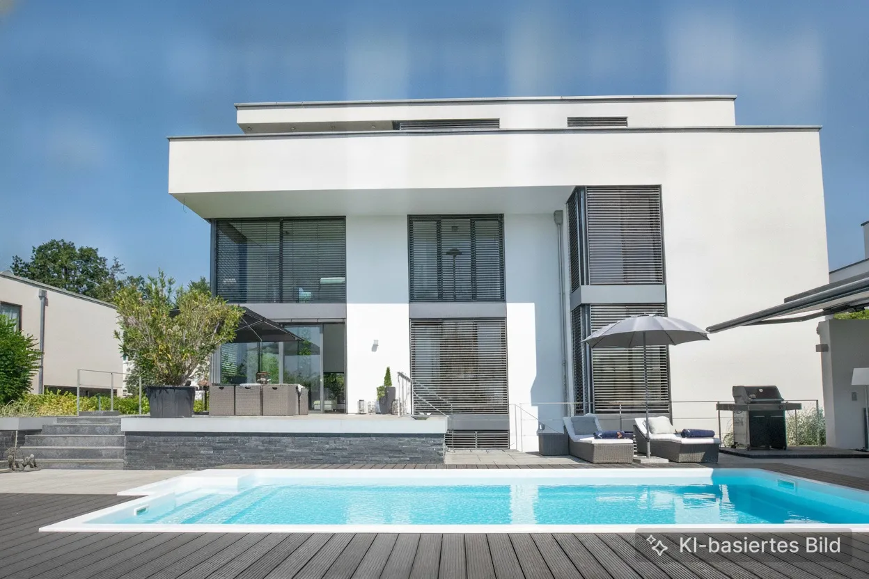 Haus Gartenansicht mit großem Pool visualisiert