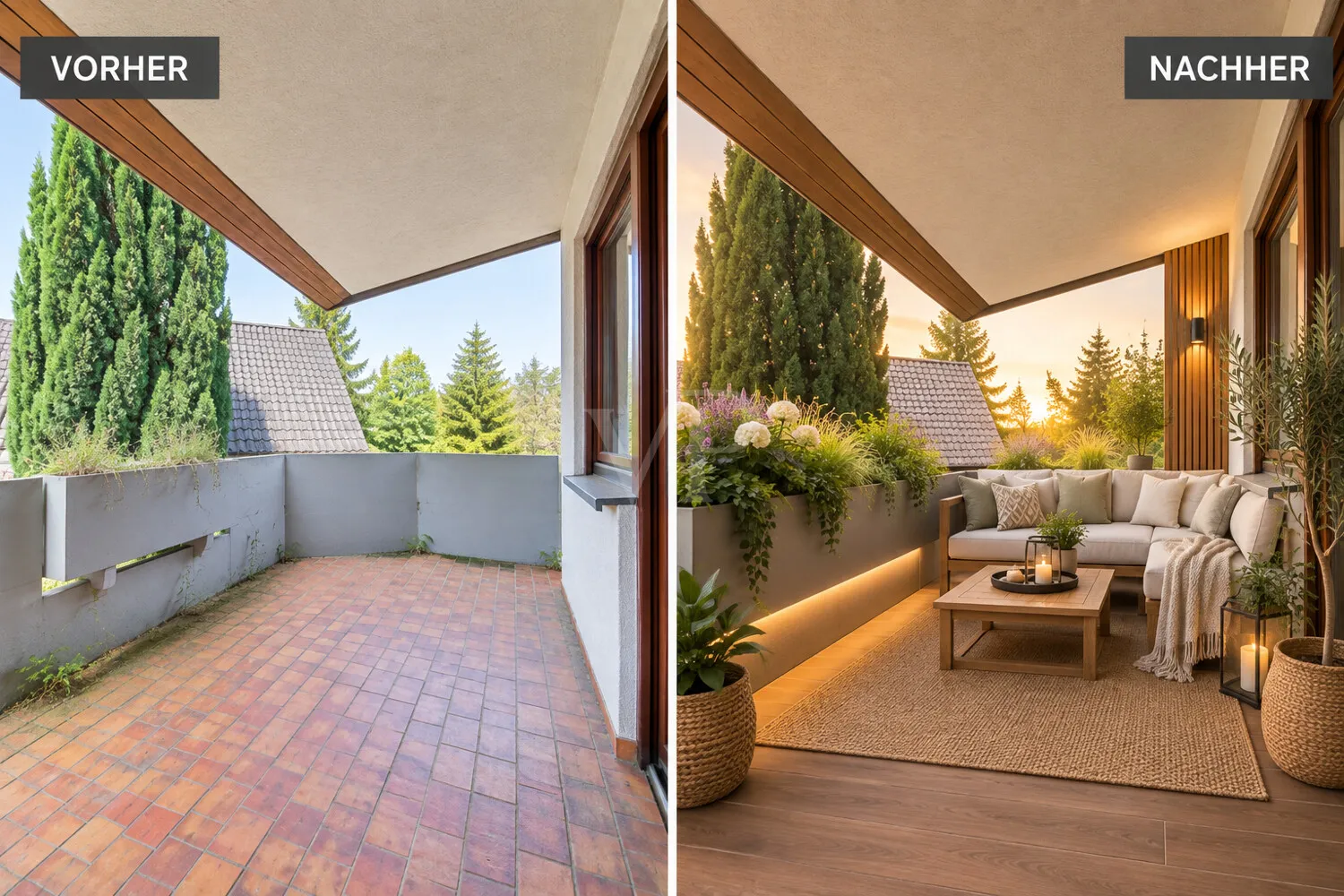Balkon Collage (Links: Ist-Zustand / Rechts: KI-generiert)