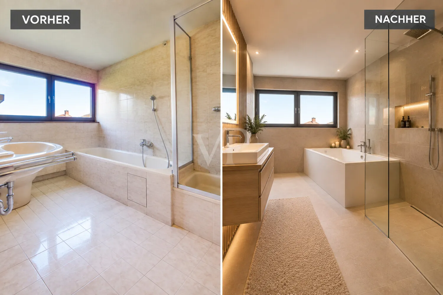Badezimmer Collage (Links: Ist-Zustand / Rechts: KI-generiert)