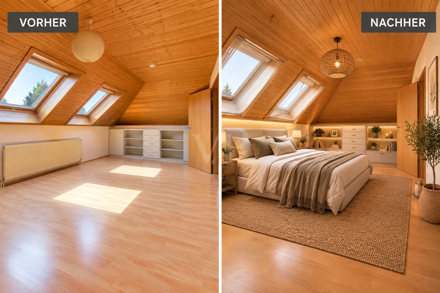 Schlafzimmer Collage (Links: Ist-Zustand / Rechts: KI-generiert)
