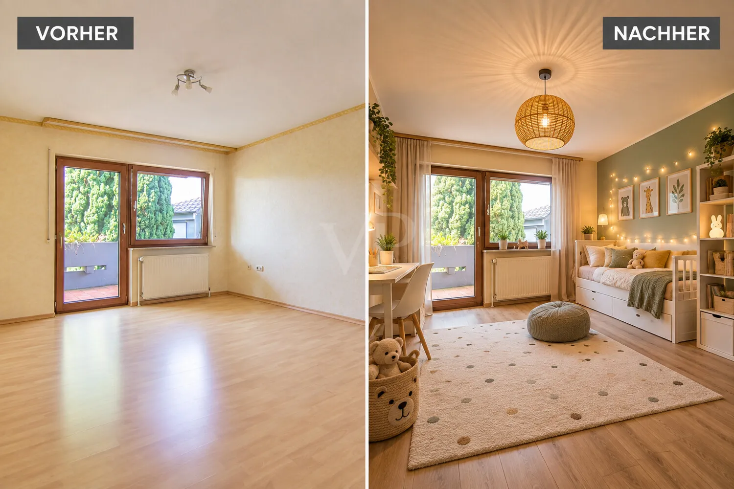 Kinderzimmer Collage (Links: Ist-Zustand / Rechts: KI-generiert)