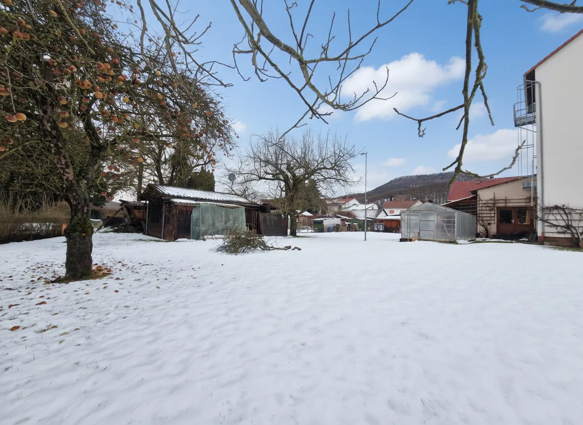Gartenansicht mit Gewächshaus