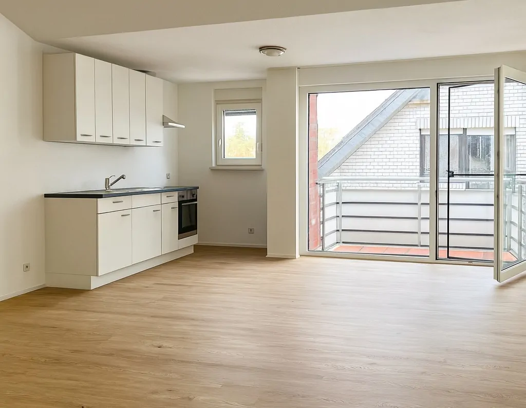 Wohnzimmer mit Balkon und Küche