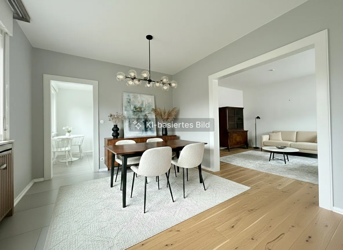 Visualisiertes Esszimmer mit Blick zur Küche New